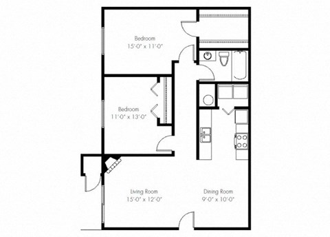Floor plan for 2 beds, 1 bath, 877 sqft